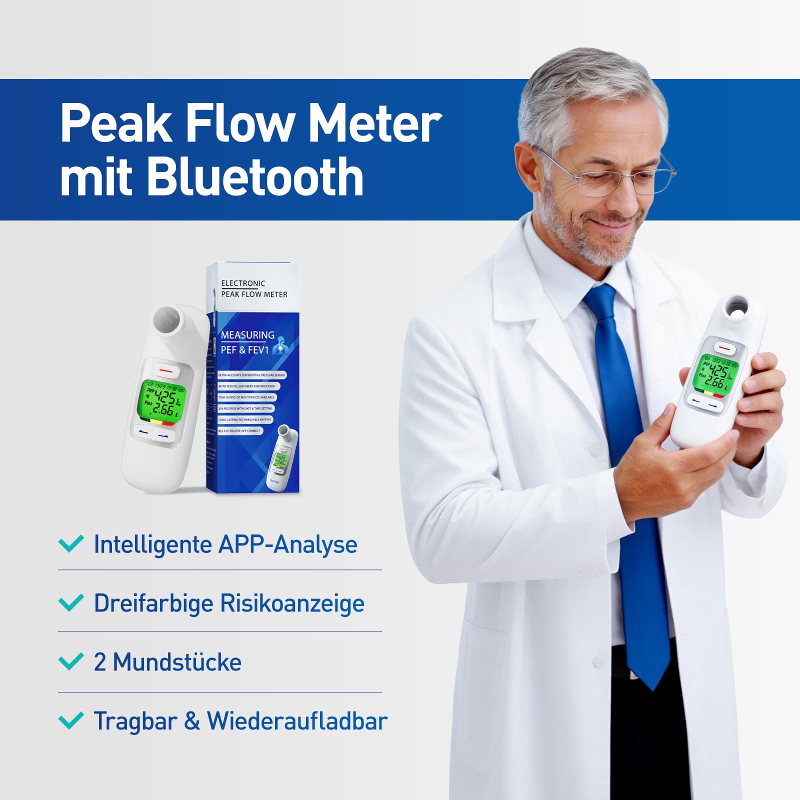 Peak Flow Meter mit Bluetooth, APP Analyse, PEF FEV1 mssen, Wiederaufladbar | 300 histotische Daten, 2 Mundstücke, Rot gelb grün Risikoindikator, für Asthma COPD, Tragbar, die Lungenfunktion üwachen