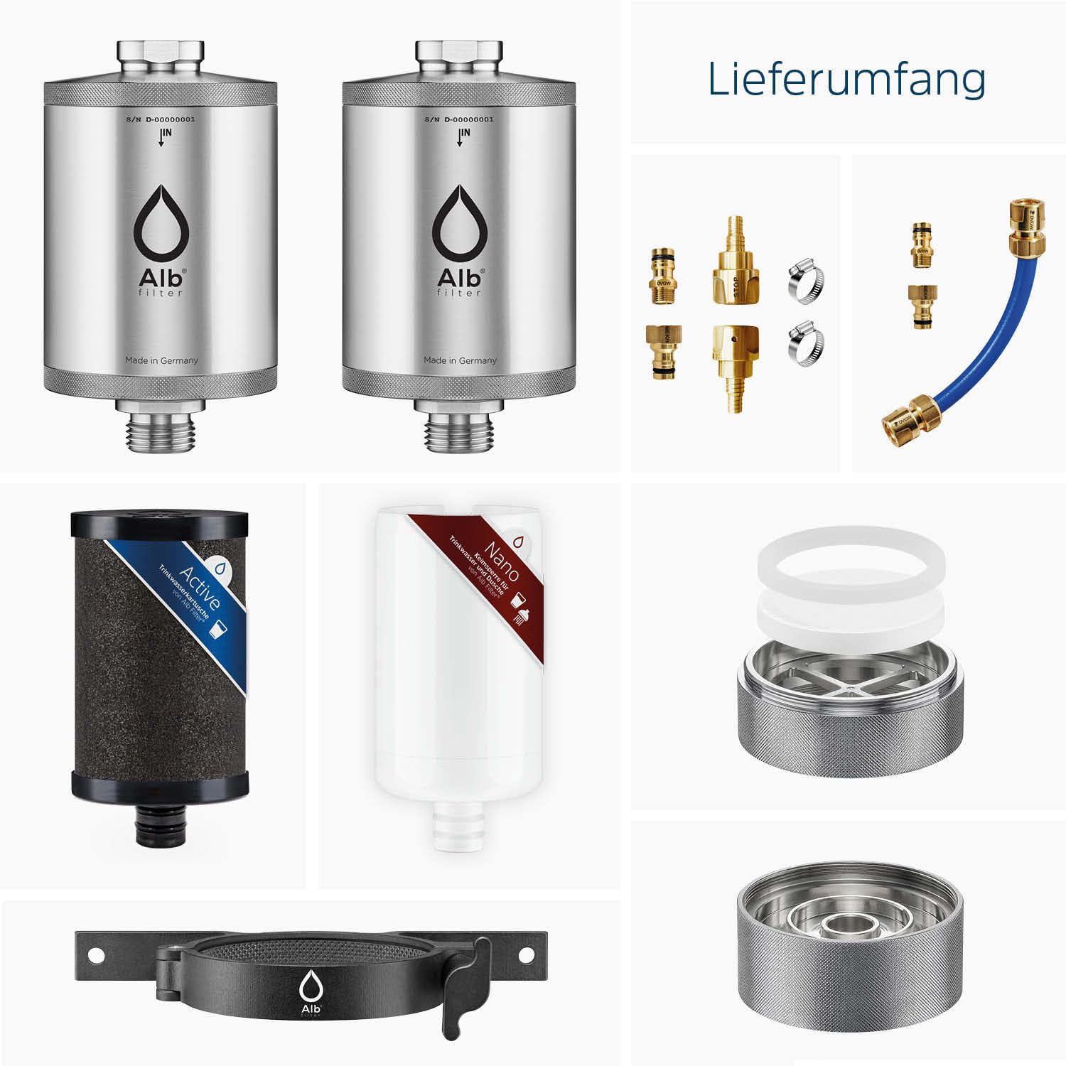 Alb Filter PRO CAMPER Set Camping Wasserfilter Edelstahl Natur | Kombi-Set: ACTIVE-Befüllfilter vor dem Tank, NANO-Keimsperre nach dem Tank, für Camper, Made in Germany