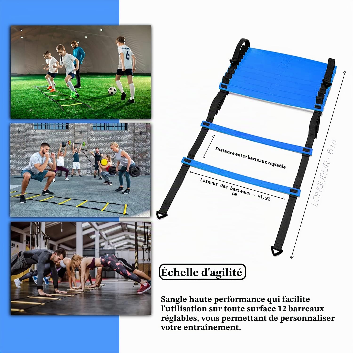 HLYWEI Kit d'entraînement d'agilité de Vitesse, Comprend 1 échelle d'agilité, 4 piquets en Acier, 1 Bandeau de Sport, 1 Corde à Sauter, 10 cônes de Disque et Un Sac de Transport – Équipement