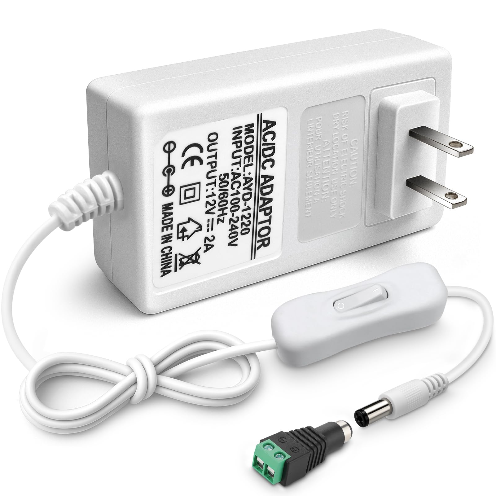 Photo 1 of 12V 2A Power Supply, 24W 12 Volt DC Power Adapter with On/Off Switch, 110V AC to 12V Wall Plug Transformer for LED Strip Lights with 5.5/2.1mm DC Female Connector