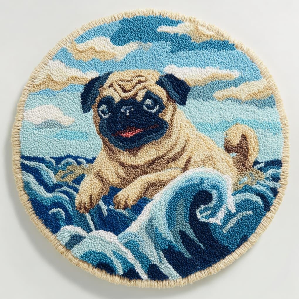 kitphoenix Round Shape Latch Hook Kits Rug Pug DIY Cushion Rug Carpet Making Crochet Hook Kits Preprinted Pattern Canvas Cushion Yarn Hooking Kits Mat Kits 50X50Cm