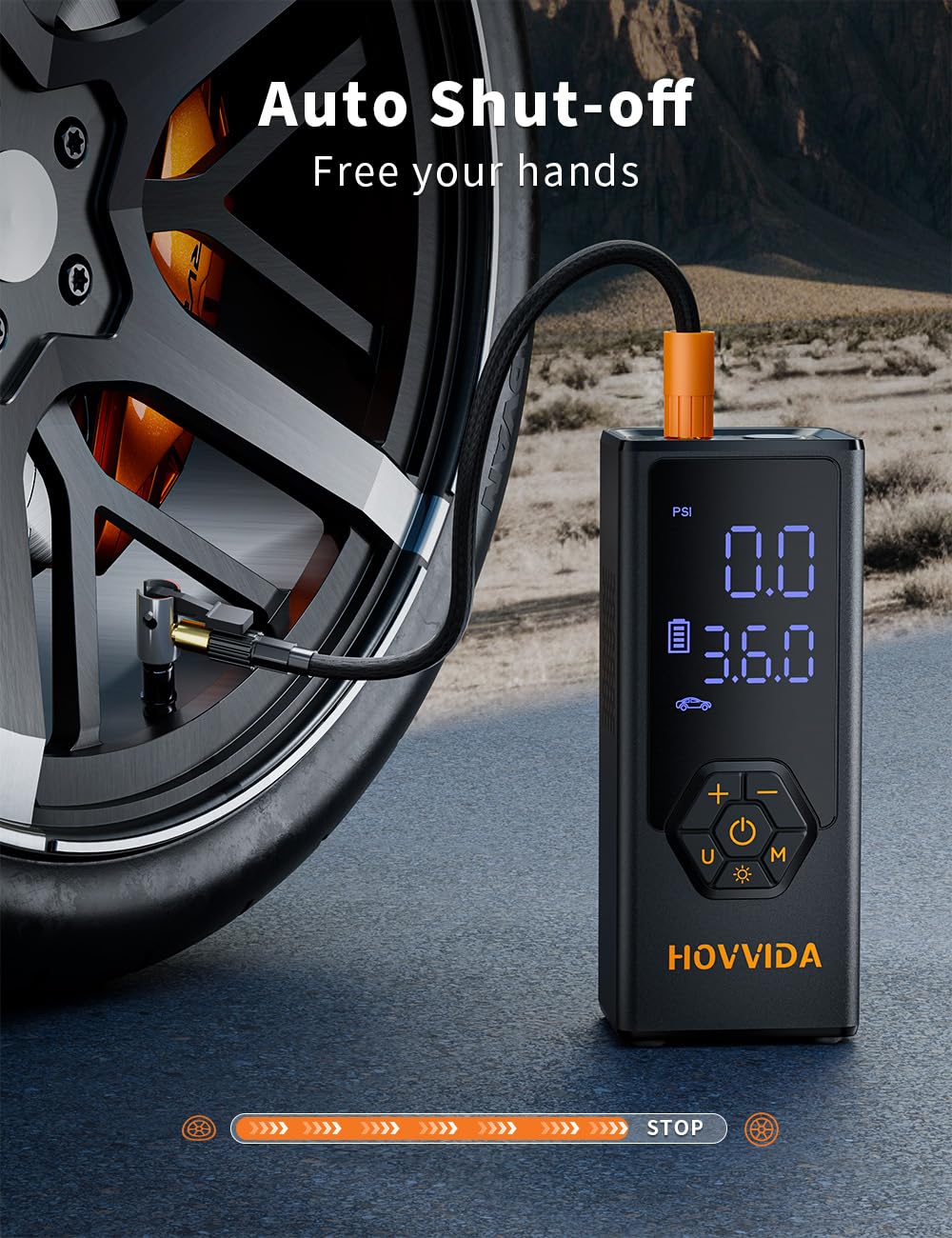 HOVVIDA Gonfiatore Pneumatici Compressore d'Aria Portatile, Gonfiatore per Pneumatici Auto, Batteria da 7800 mAh, 12 V CC, 150 PSI, Flusso d'Aria 40 L/min, Gonfiaggio Rapido, Pompa Portatile per MPV