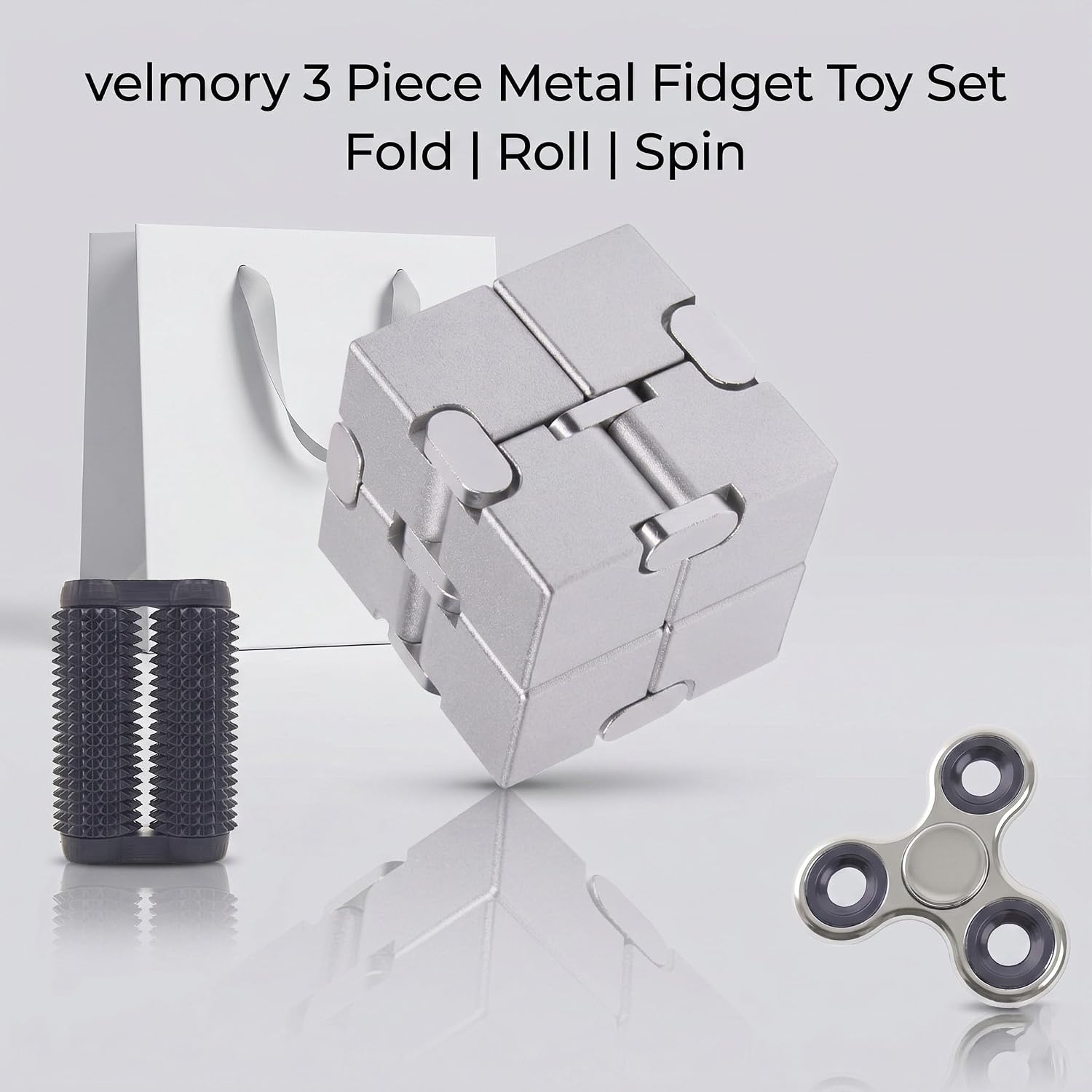 3PCS Metal Desk Fidget Set, Infinity Cube, Spinning Top & Roller, Velmory | Metal infinity cube, spinning top and rotating roller for adults, office desks, work breaks, home study, travel and gift use.