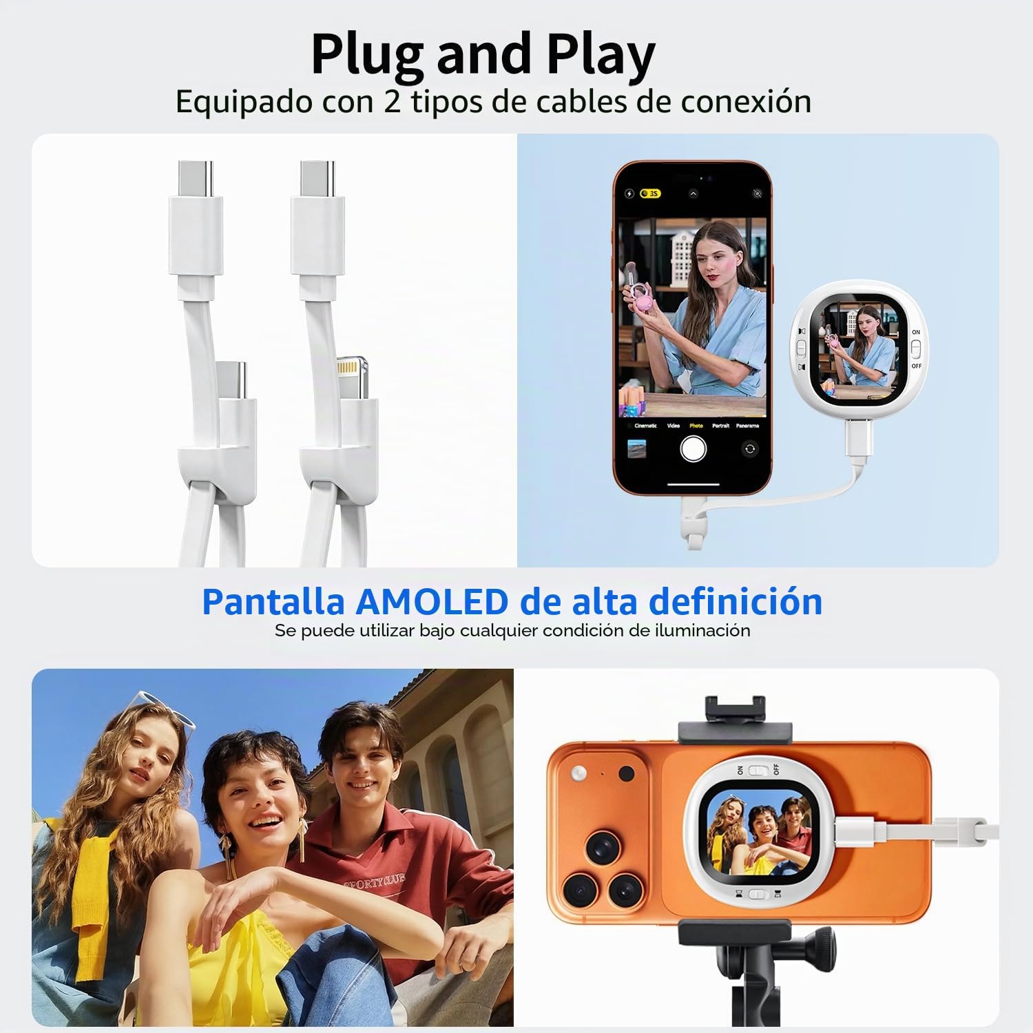 yAyusi Mini Monitor Magnético para Selfies y Vlogs para iPhone con Control Remoto, Cámara Trasera Portátil Compacta para iPhone con Duplicación Pantalla, Pantalla AMOLED HD para TikTok (Solo para iOS)