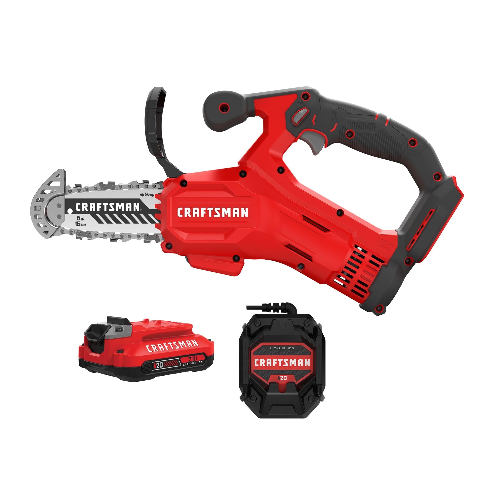 CRAFTSMAN V20 Mini Cordless Chainsaw, Pruning Saw, 6" Chain, Small Handheld Chainsaw, 2Ah Battery and Charger Included, Tree Trimming and Pruning, Compact and Lightweight (CMCCS320D1)