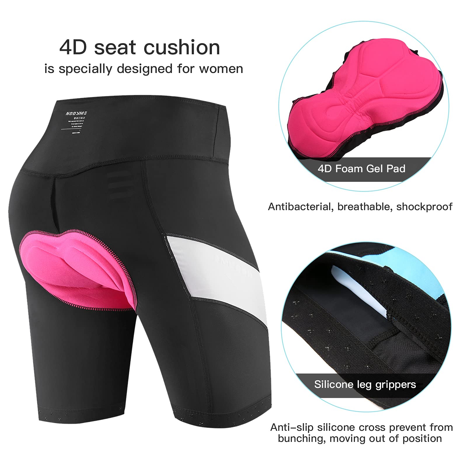 NOOYME Pantalones de Ciclismo para Mujer, Acolchados, 4D, Secado rápido, elásticos, Cortos, Transpirables, con Acolchado Ancho y denso, sin Dolor, para Bicicleta