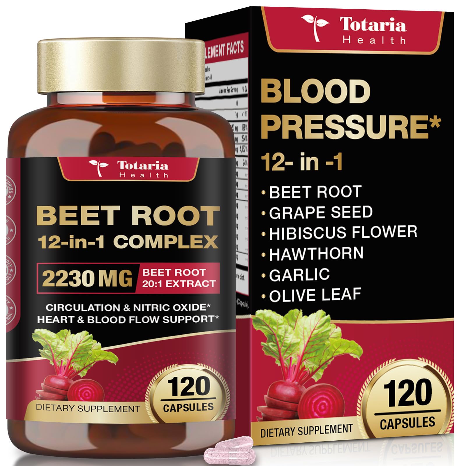 Totaria Beetroot Capsules 2230mg Support Blood Pressure & Heart Health, Nitric Oxide Supplement with Grape Seed, Hawthorn, Garlic & CoQ10, Blood Flow Beet Root Powder | 120 Count 120 Count (Pack of 1)
