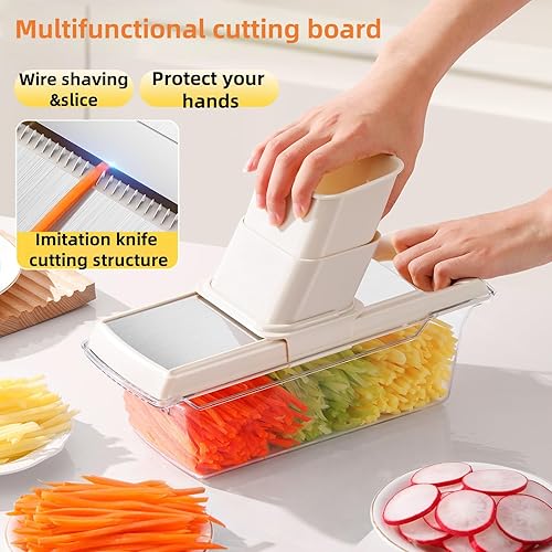 Miniatura 2 de Cortador de verduras, tabla de cortar alimentos 5 en 1 con cesta de drenaje y 5 cuchillas de acero inoxidable, cortador de mandolina para ensalada,