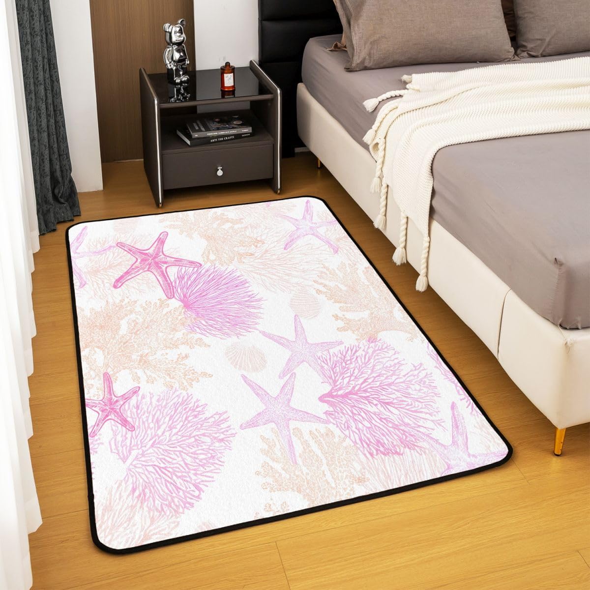 Kids Nautical Coastal Indoor Floor Mat Beach Ocean Theme Area Rug 5x7 for Boys Girls Teens Bedroom Decor Summer Tropical Seashell Starfish Coral Decor Carpet Pink Breathable Soft Microfiber image 4