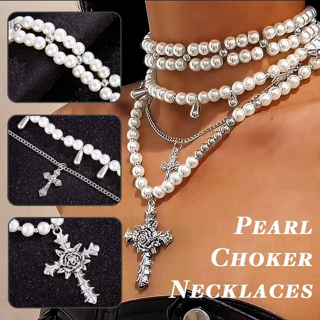 Uranian Layered Pearl Necklaces Gothic Pearl Cross Necklace Silver Stacked Necklace Y2K Pearls Jewelry for Women - Image 2