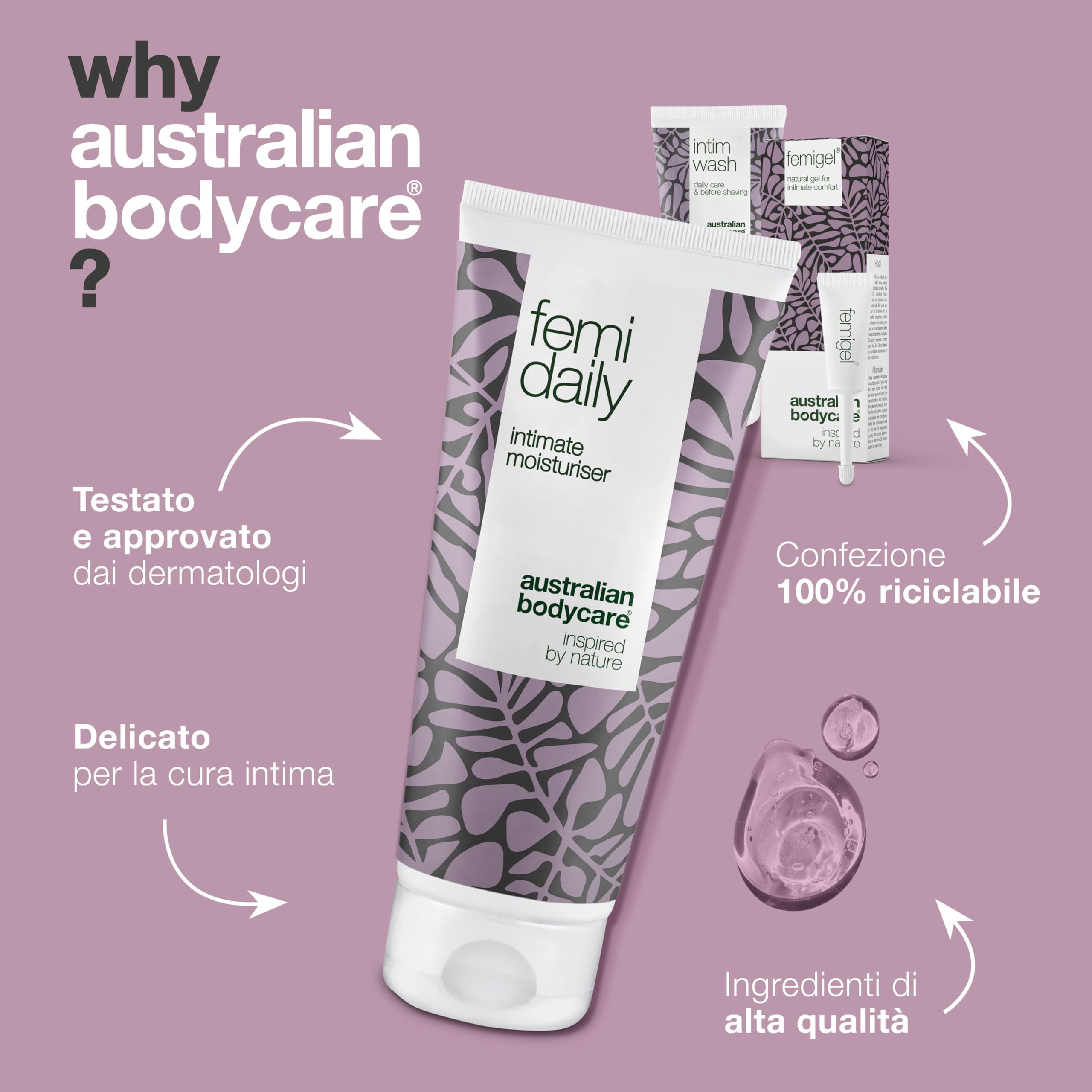 Australian Bodycare Intimate Kit – 3 prodotti per la cura intima | Riduce secchezza, prurito, rossori e odori| Contiene: Intim Wash 200 ml + Femi Daily 100 ml + Femigel 5x5 ml | Australian Bodycare