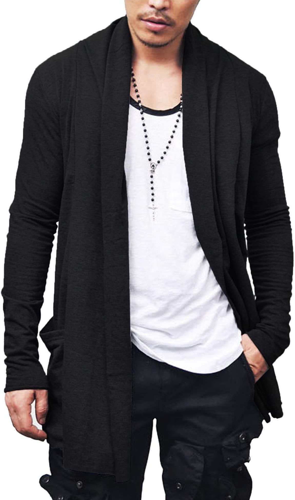 Men's Ruffle Shawl Collar Cardigan Open Front Lightweight Long Length Drape Cape Overcoat with Pockets
