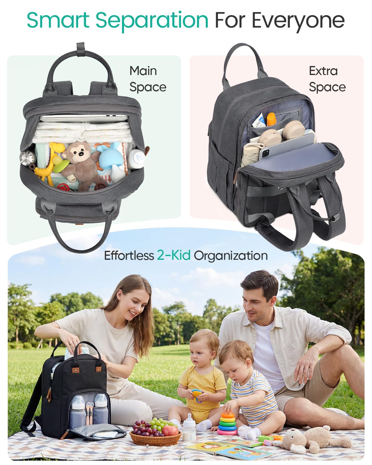 Qualyphant Großer Diaper Bag Backpack - 23 Taschen, Erweitbar, 31 Liter, Grau, Einfarbig, Polyester, Minimalistisch, Rucksack