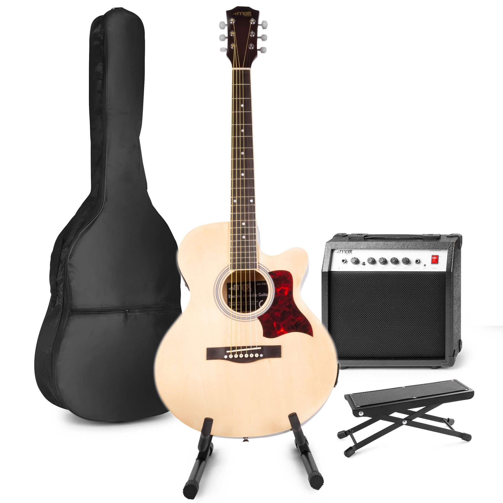 MAX ShowKit Elektrische Akustikgitarre, Akustische E-Gitarrre Set - Verstärker 40 Watt, Ständer, Fußbank, Stimmgerät, Tasche und Plektrum - Natur