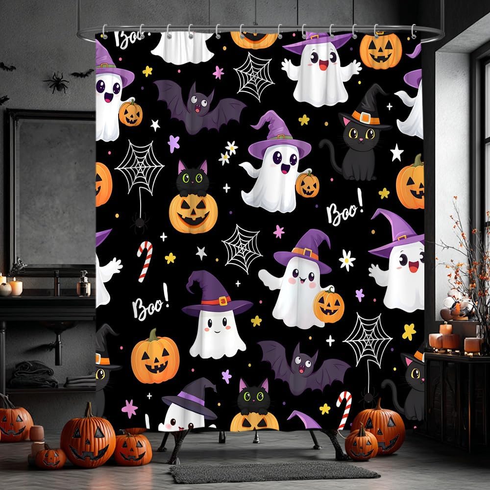 Halloween Shower Curtain Cute Ghost Spooky Pumpkin Black Cat Spider Web Funny Bat Star Candy Lovely Animal Cartoon Bath Curtain Fabric Bathroom Accessories Decor with Hooks 70W x90L