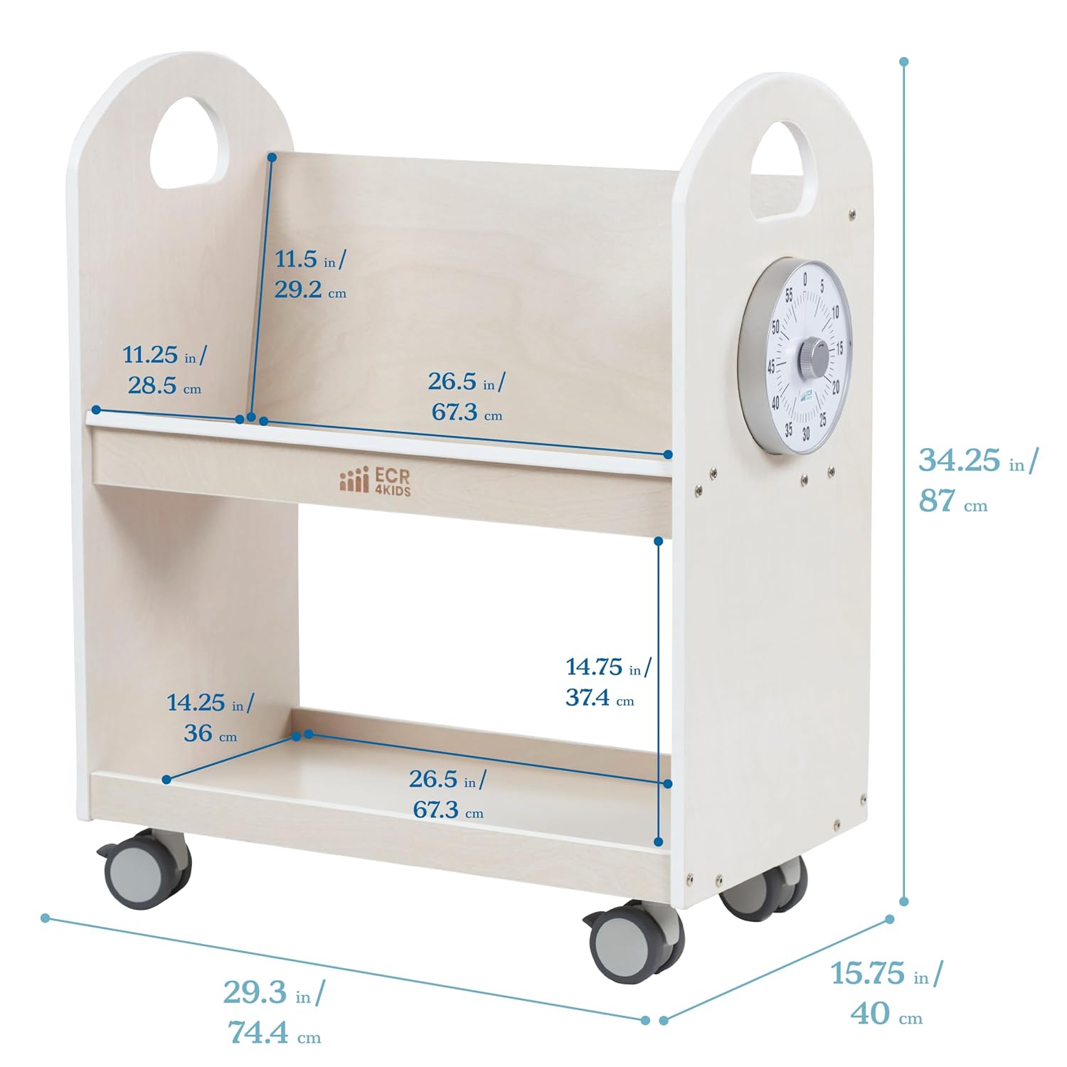 ECR4Kids Mobile Book Cart with Countdown Timer and Storage, Childrens Furniture, White Wash