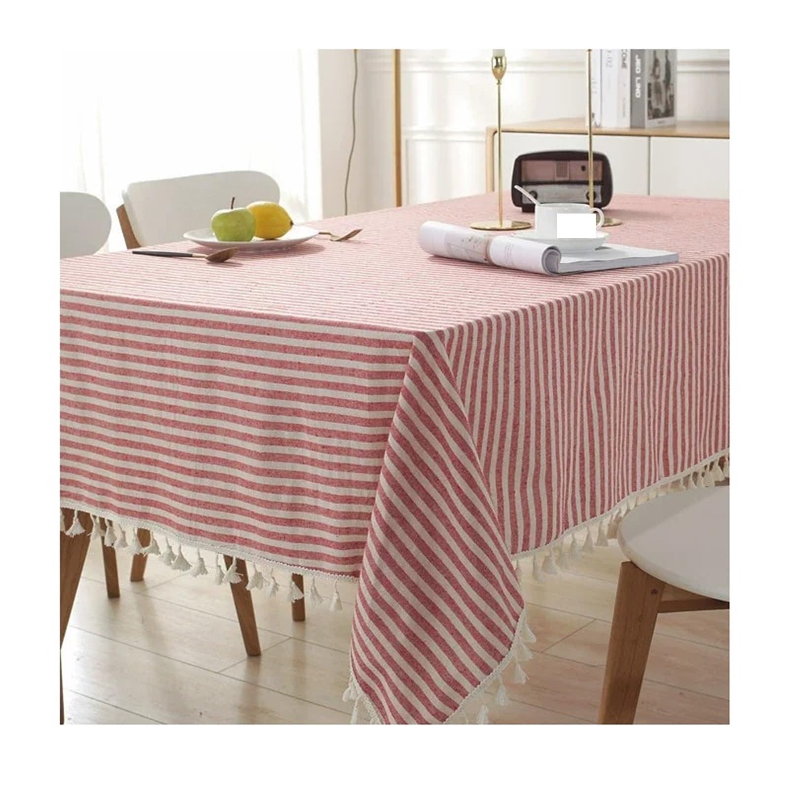 FonHNDG Striped Tablecloth Cotton Linen Table Cloth Stripe Tassel Rectangle Tablecloth Dust-Proof Cover For Kitchen Dinning Tabletop Decoration(Red,140x180cm)