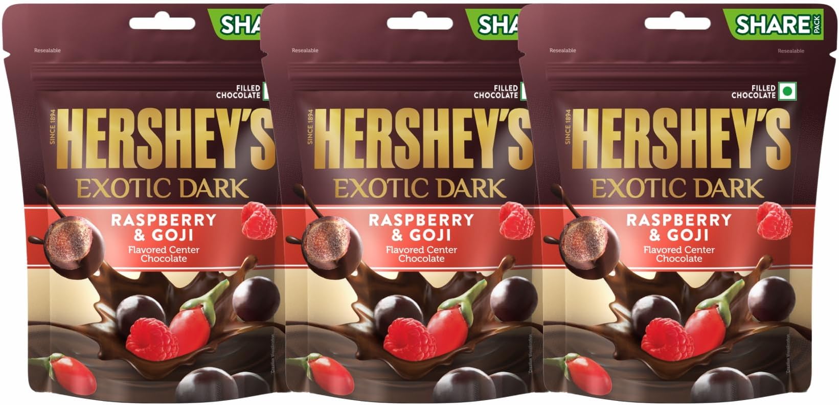 HERSHEY'S Exotic Dark Raspberry & Goji Flavor|Exotic Dark Cocoa Rich Chocolates 100Gram - Pack Of 3