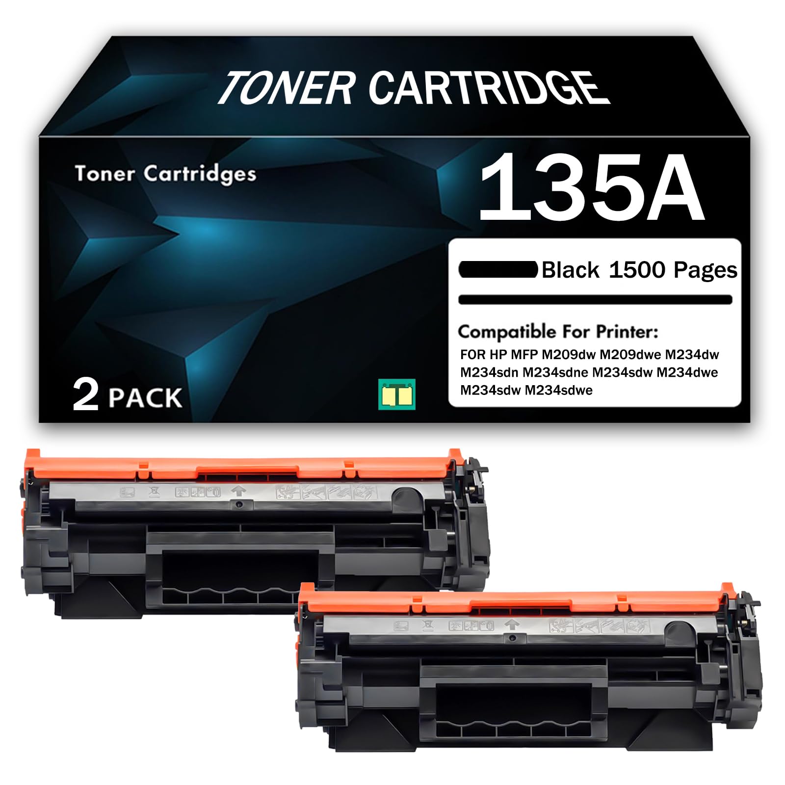 Zestaw wkładów z tonerem o dużej pojemności 135A W1350A, zamiennik do drukarek HP MFP M209dw M209dwe M234dw M234sdn M234sdne M234sdw M234dwe M234sdw M234sdwe, 1500 stron,Black-2PCS