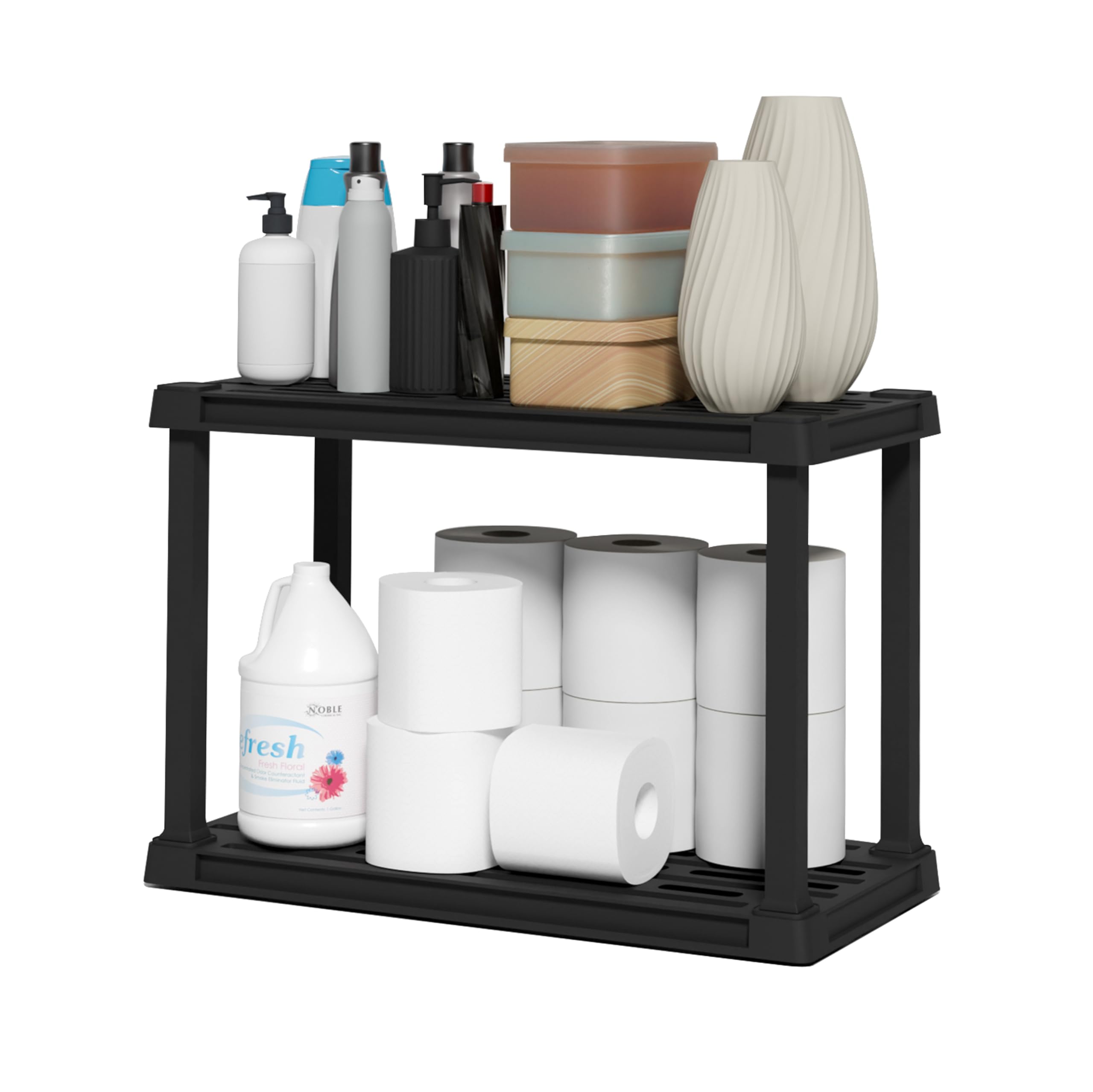 IRIS USA 2-Shelf Light Duty Plastic Storage Shelves, 100lb Capacity, 17"H x 24"W x 12"D, Medium Modular Shelving Unit Storage Organizer for Bathroom, Laundry, Garage & Home, Storage Rack - Black