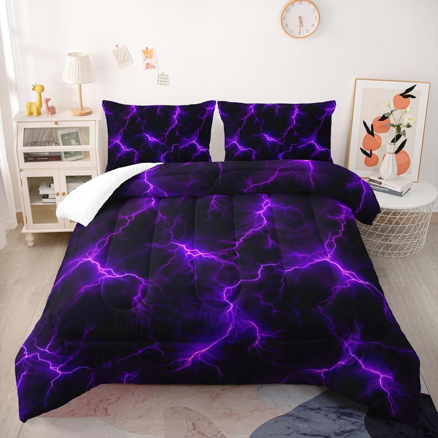 Violet Lightning Comforter Set Full Thunder Bedding Sets 3PCS for Kids Teen Adult Violet Room Decor Ultra-Soft Lightweight Microfiber 1 Comforter with 2 Pillowcases