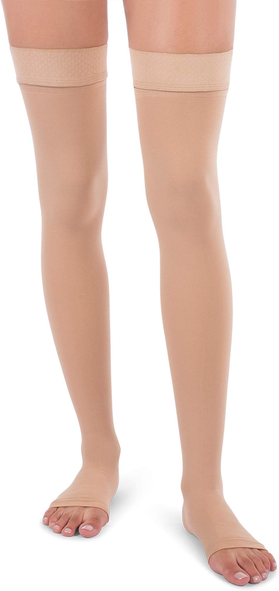 Jomi Compression Stockings For Women 20-30 mmHg Open Toe, Made in USA, Graduated Thigh High Compression Socks Women, Premier Opaque Support Stockings For Men, Silicone Dot Top Band, 241 (X-Large, Beige)