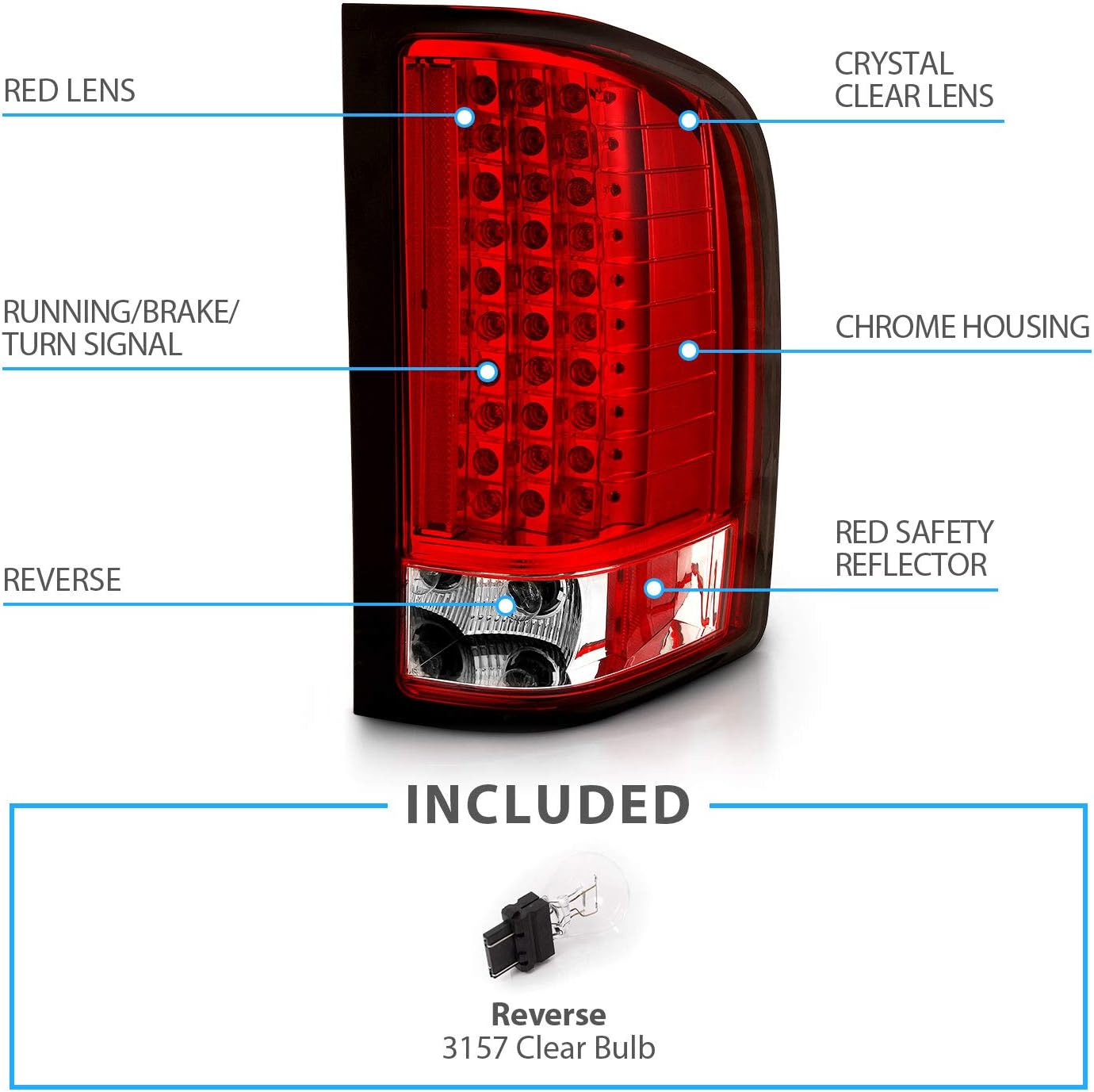 AmeriLite for 2007-2013 Chevy Silverado 1500/2500/3500 & GMC Sierra 3500HD Clear Red LED Replacement Taillights Assembly - Passenger and Driver Side