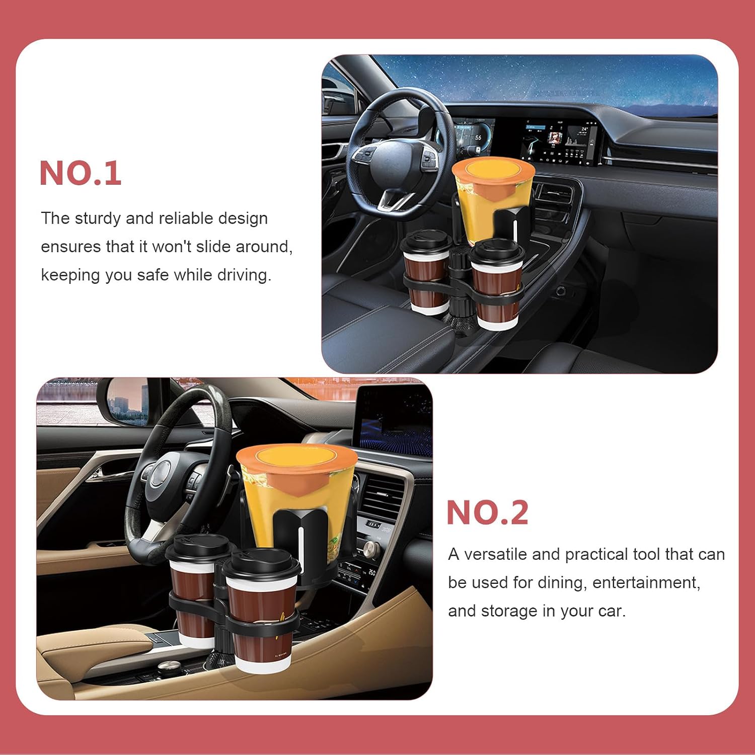 Car Cup Holder Expander Large Adjustable Drink Tray with Phone Slot Universal On-Board Water Bottle Holder Automotive Interior Accessory for Travel and Food Storage