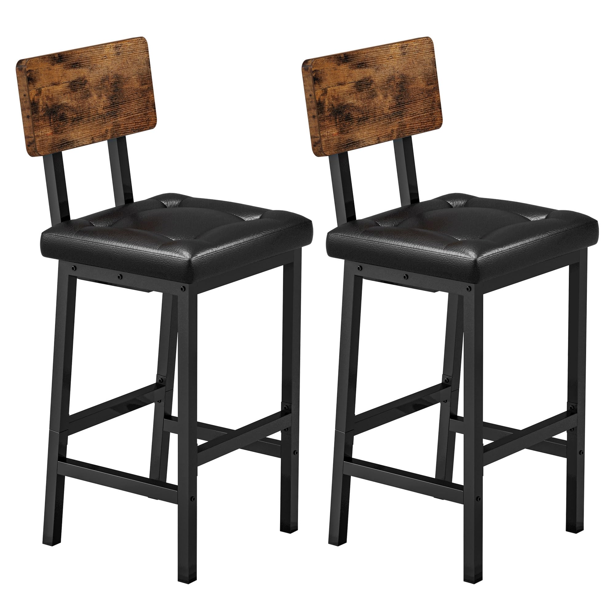 IRONCK Bar Stools Set of 2, 16.5in Square PU Upholstered Barstools with Back and Footrest, Thick Cushion Stools for Kitchen Island for Dining Room Kitchen Counter Bar, Rustic Brown and Black