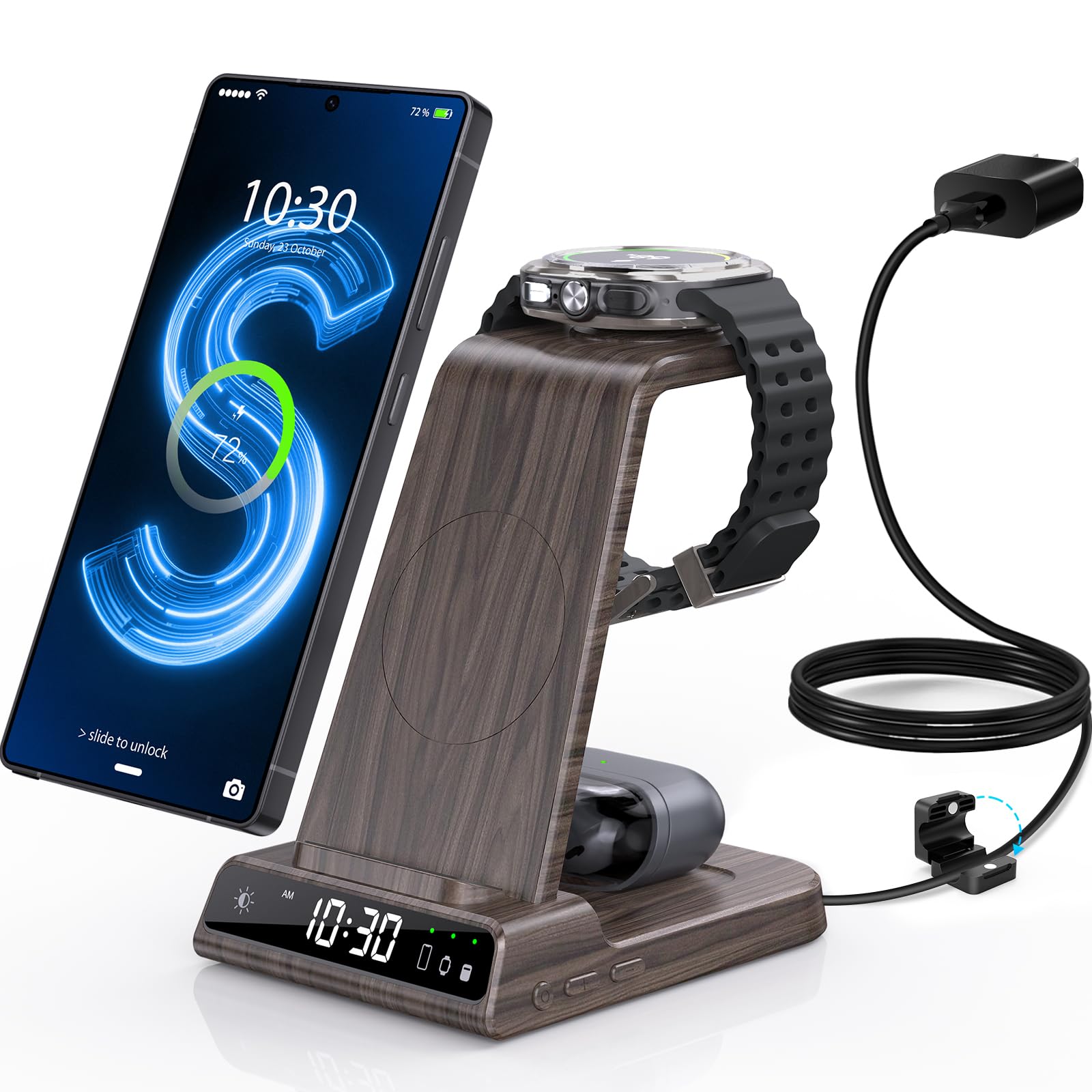 Chargeur Induction Fil pour Samsung Galaxy S25 Ultra/S24, Chargeur sans Fil avec Horloge numérique pour Samsung Galaxy Watch 8/7/6, Wireless Charger pour Galaxy S23, Z Fold 7, Buds (Grain de Bois)