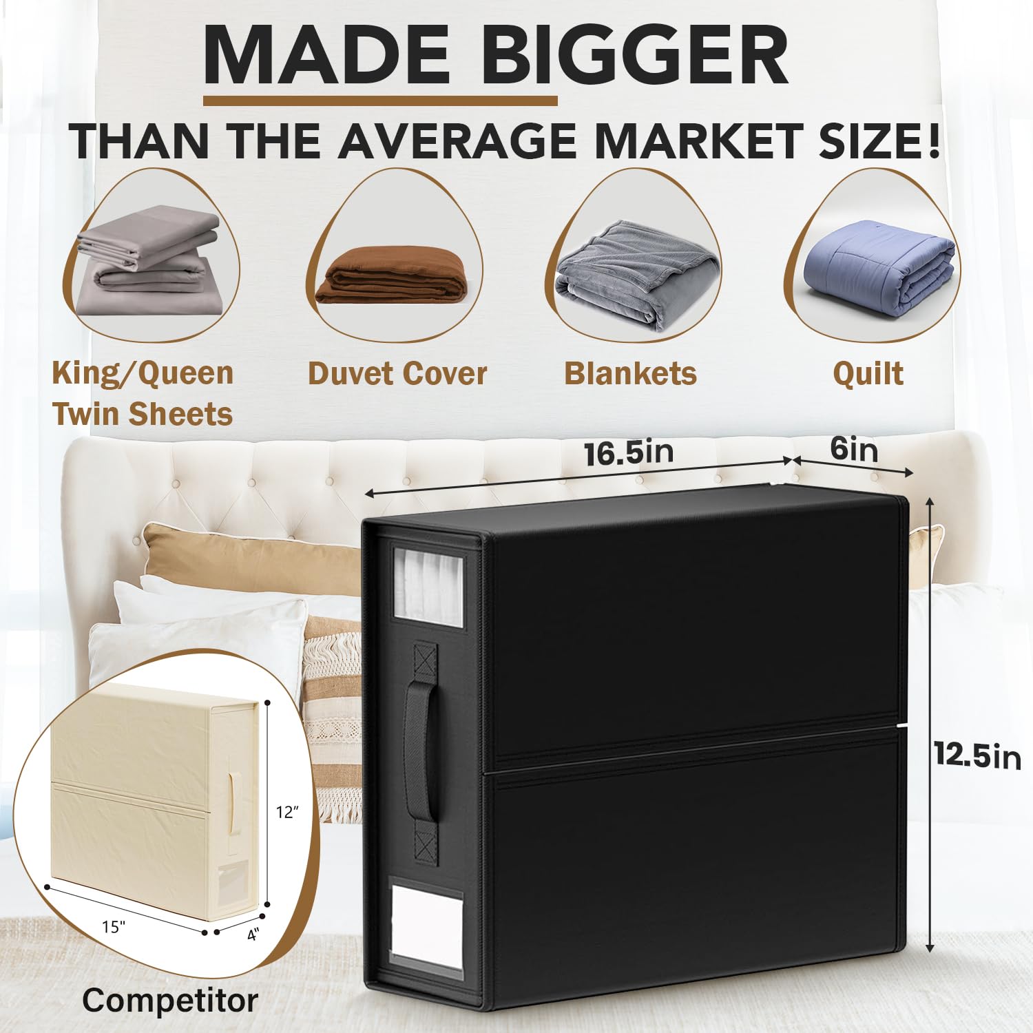 Slumber Sort Foldable Linen Closet Organizer with Clear Window & Handles – Extra Large Storage for King, Queen Comforters, Blankets, Bedsheets – Under Bed Storage, Sheet Organizer (Black, 3-Pack)