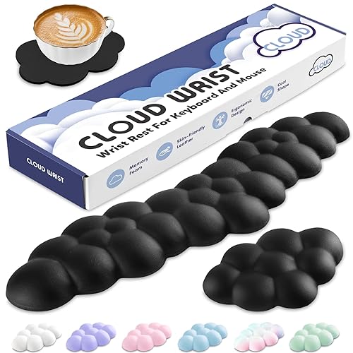 Sushret Cloud Wrist Rest for Keyboard and Mouse, Memory Foam PU Leather Keyboard Wrist Rest with Ergonomic Support, Non-Slip Base, Cute Arm Rest Pad & Palm Cushion, Office Desk Accessory, Black - 05black