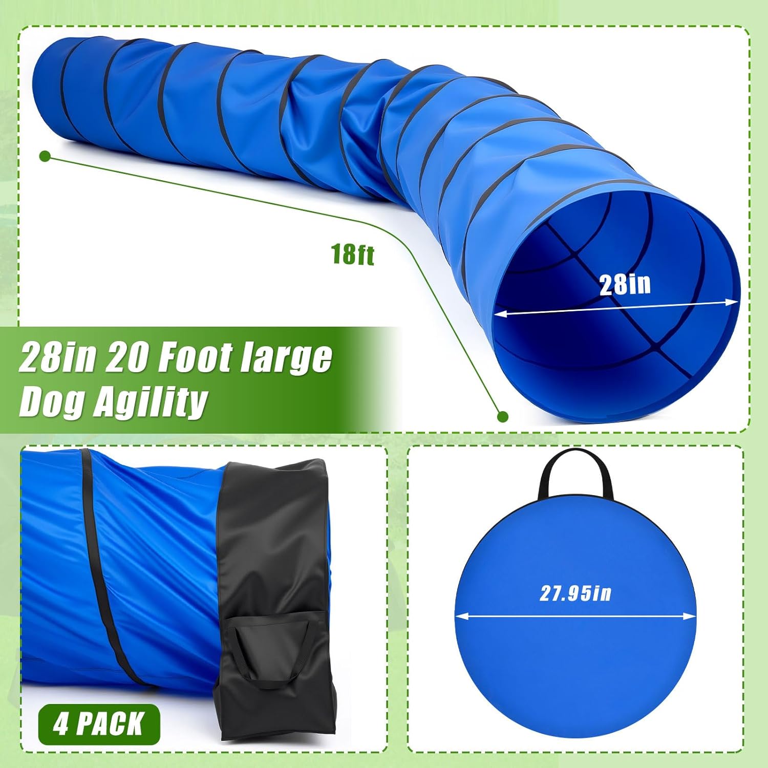 28 in 18 Foot Blue Extra Large Dog Agility Tunnel with Sandbags Dogs Agility Training Equipment Tunnel with 4 Pack Sandbags Carry Bag and 4 Ground Spikes for All Medium and Large Dogs