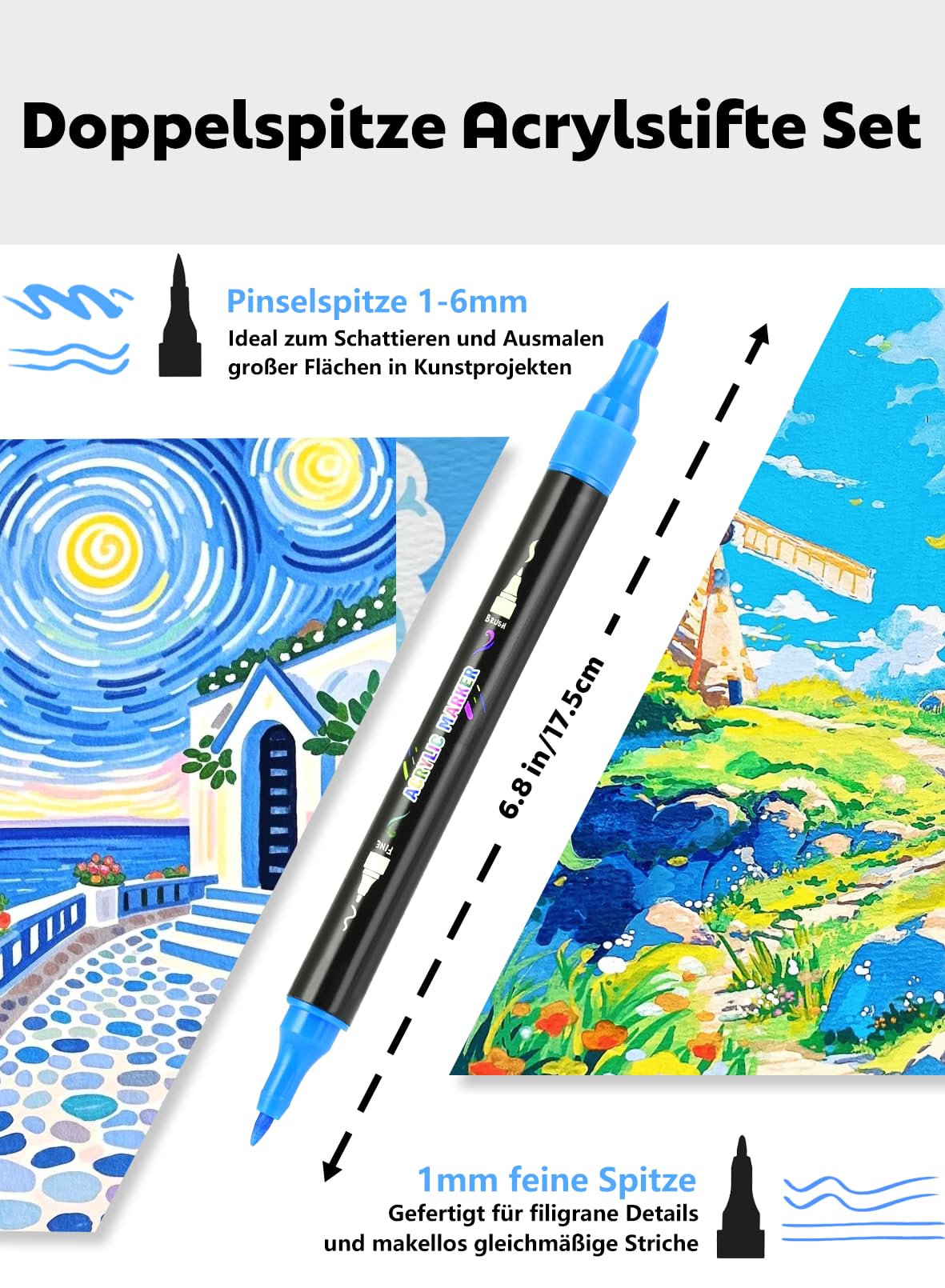 60 Farben Acrylstifte Set mit Doppelspitze Acrylmarker (Pinsel & Feine) | Vielseitig einsetzbar | Starke Deckkraft | Farbecht | Wasserfest | Acrylic Marker für Holz, Leinwand, Stein, Glas, Keramik