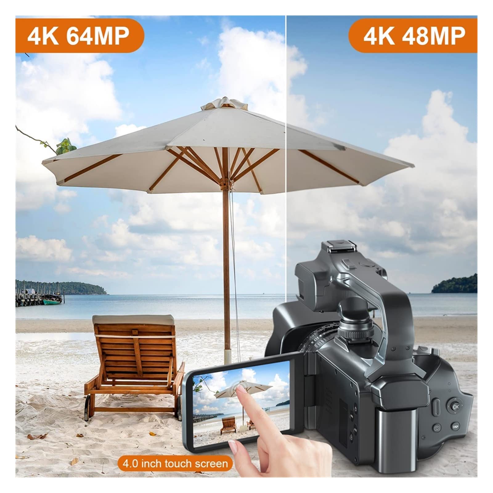 Videocamera 4K Live Stream Videocamera professionale Fotografia da 64 MP Fotocamera digitale Ruota Touch Screen Vlog Recorder Regalo per principianti(32G SD Card,With MIC Light)
