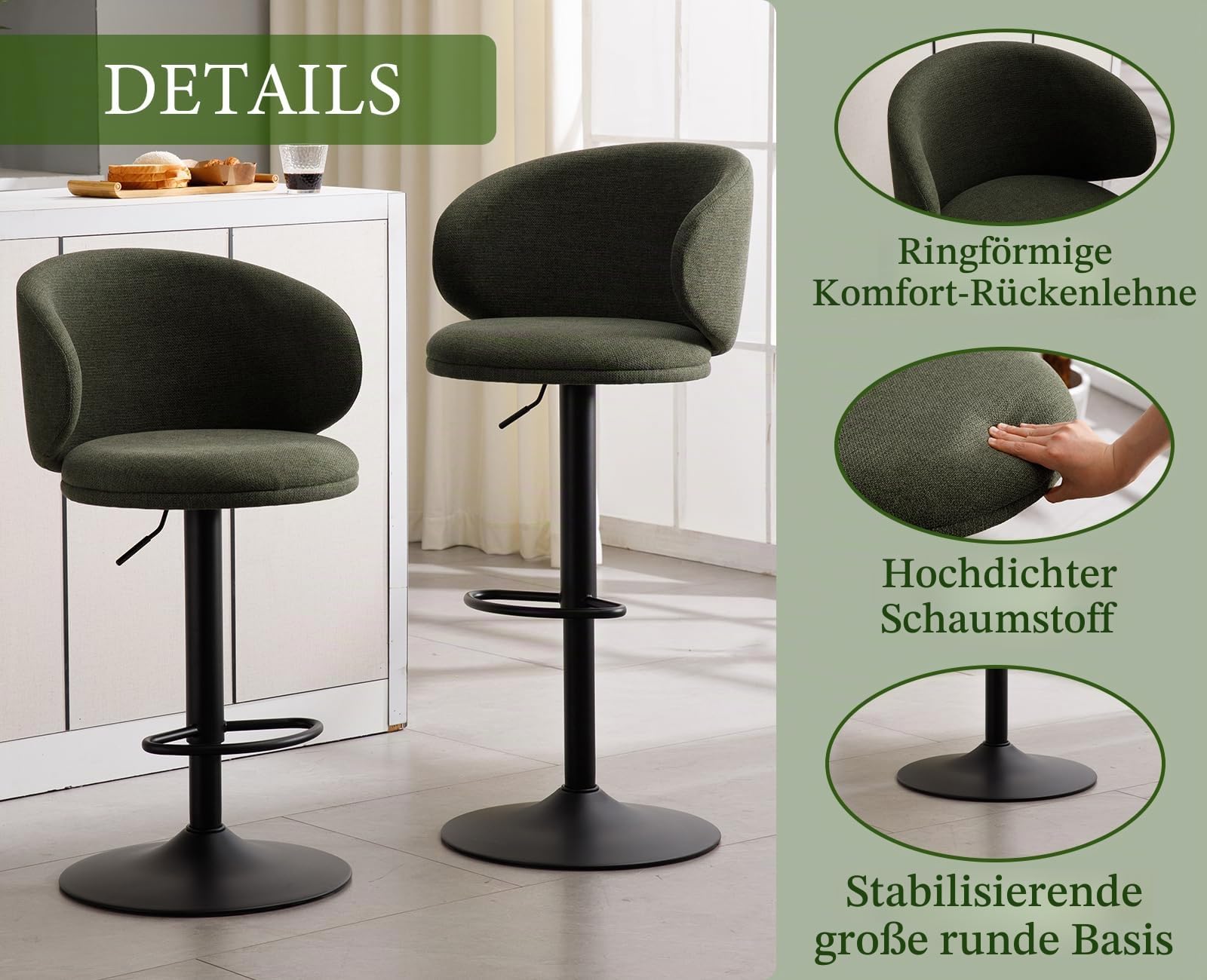 Ya-Home Barhocker 2er Set Küchenhocker Höhenverstellbar, Leinen, Grün