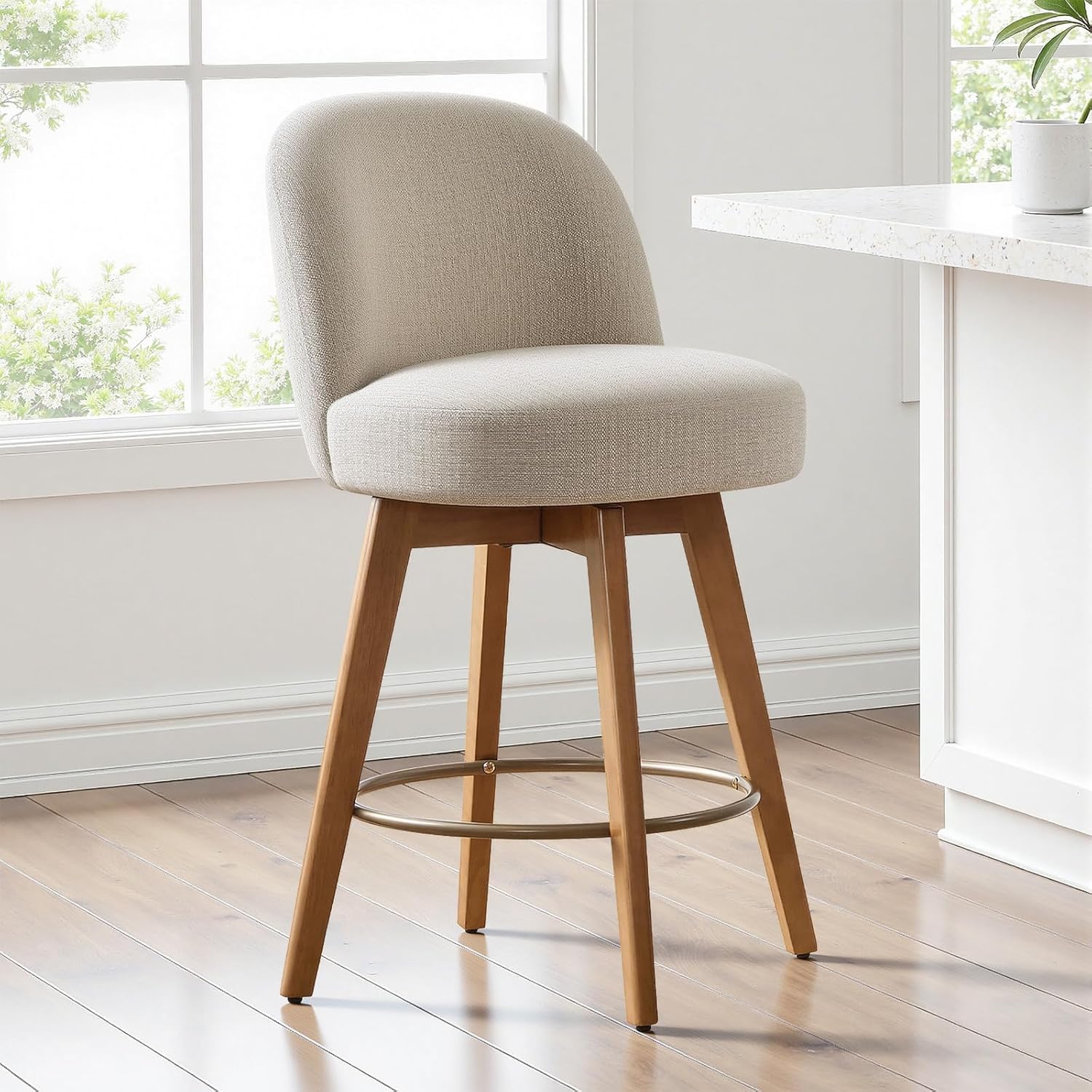 Swivel Bar Stools for Kitchen Island, 26" Counter Height - Padded Counter Stools with Backs and Round Seat, Upholstered Barstools with Walnut Wooden Legs, Linen in Sand