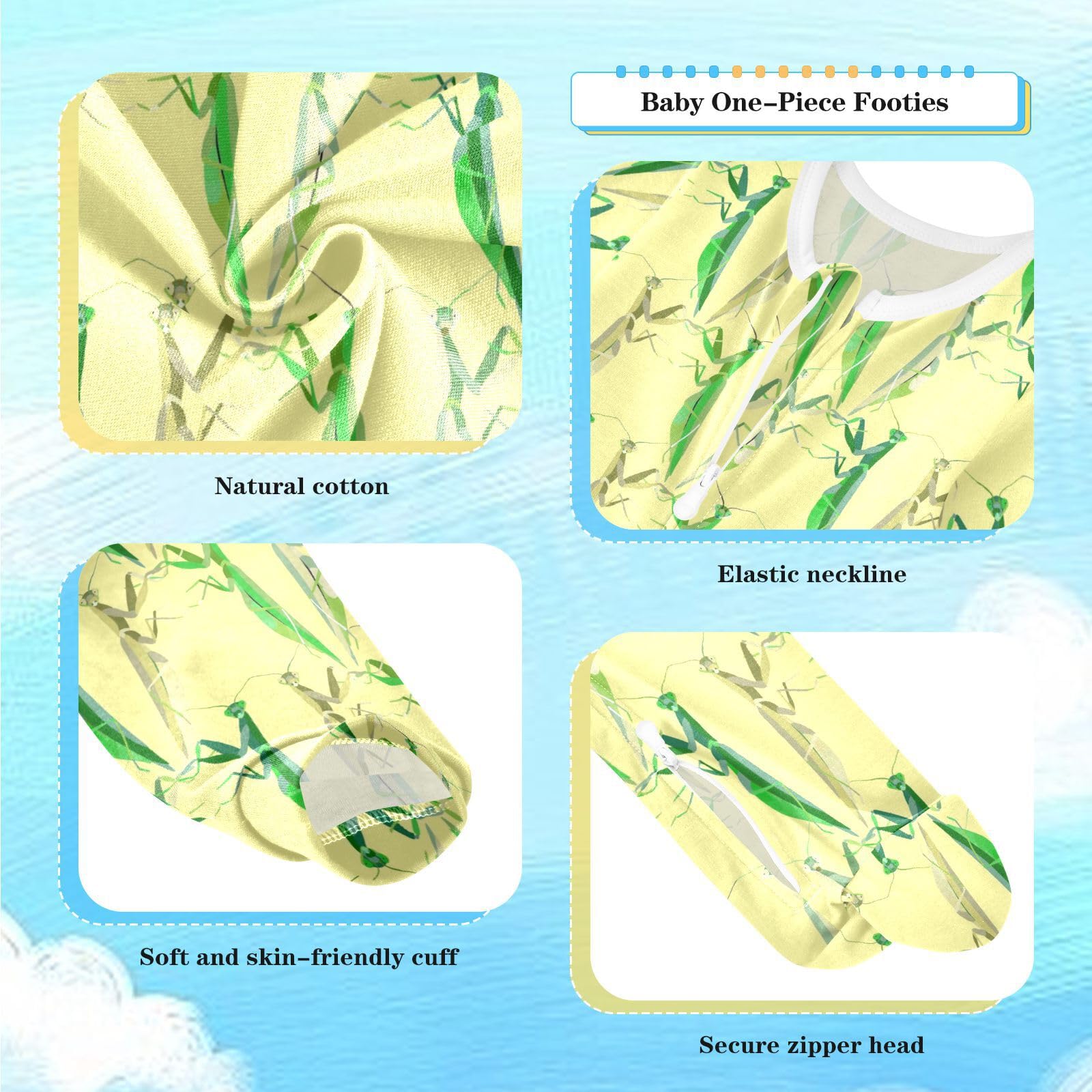Dussdil Green Mantises Pattern Baby One-Piece Footies Newborn Rompers Pajamas Cotton Footed Pjs for Sleep Play Boys Girls 9 Month
