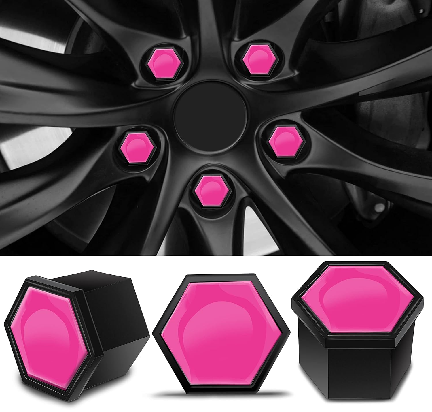 Biomar Labs Set of 20pcs Car Wheel Nut Caps Bolt Cover 19mm Universal with Removal Tool Pink Gloss LC 40