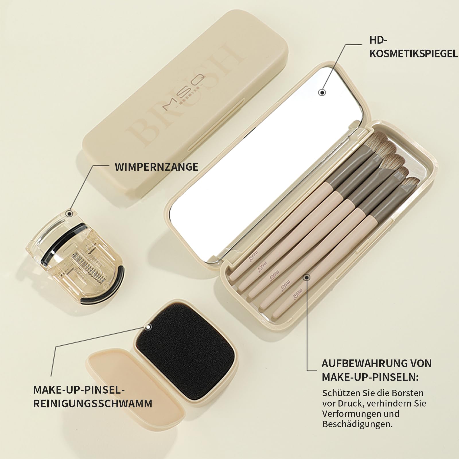 MSQ Juego de 5 pinceles de maquillaje para días con espejo de maquillaje | 1 rizador de portátil, 1 cepillo de maquillaje caja de esponja de limpieza