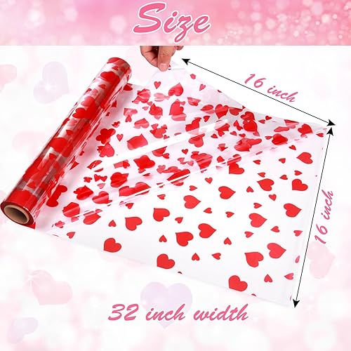Miniatura 2 de Rollo de celofán para el día de San Valentín, 100 pies de largo x 32 pulgadas de ancho con diseño de corazones rojos de 2.3 mil para envolver