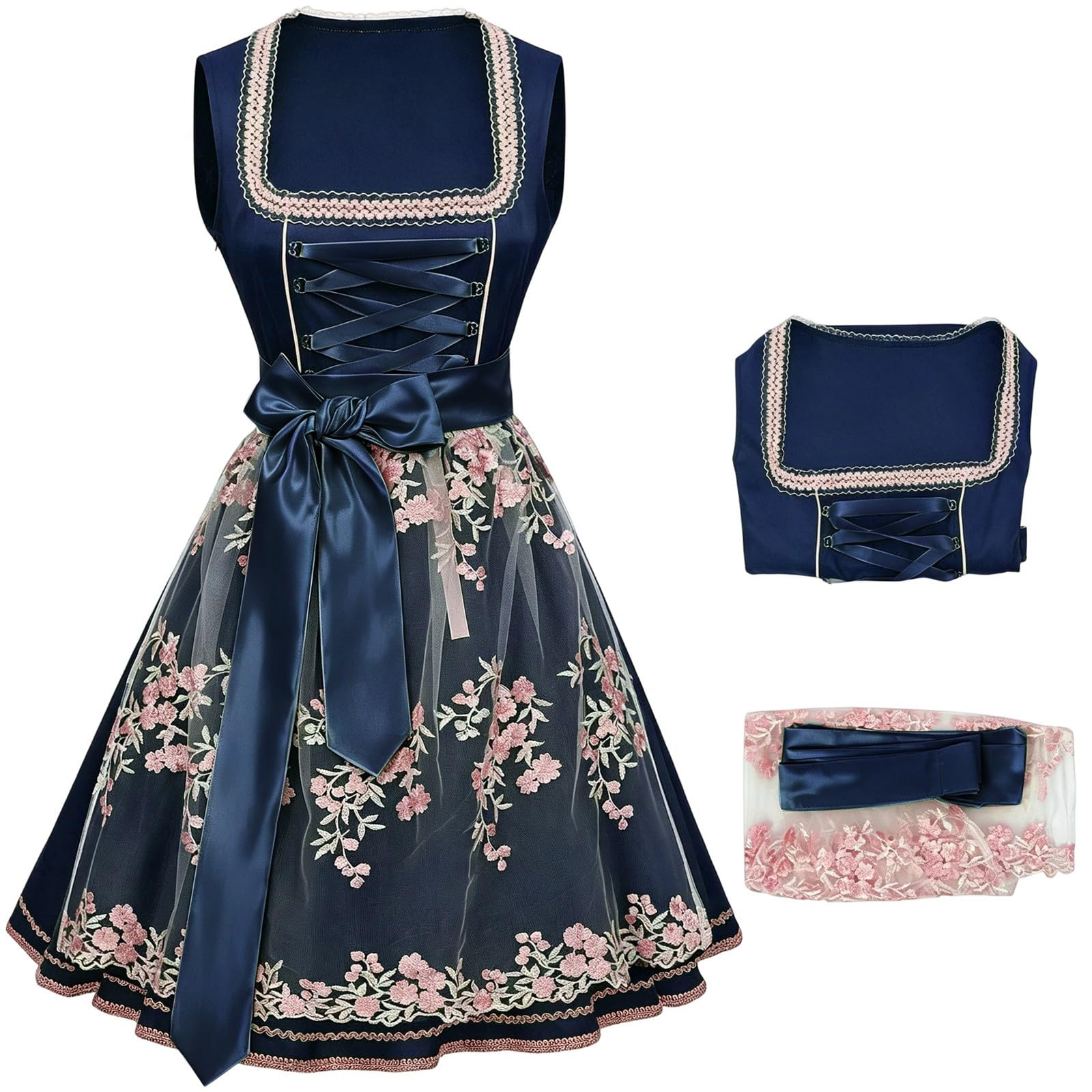 Dirndl Damen Lang Trachtenkleid mit Schürze Trachtenmode für Oktoberfest Dirndlkleid und Volksfeste