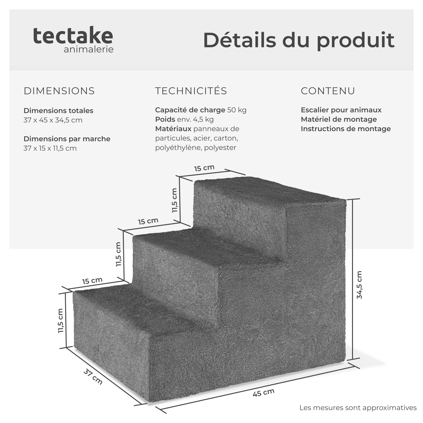 tectake® Escalier pour Chien & Chat pour Voiture ou canapé H 34,5 cm, Rampe pour Chien antidérapant, déhoussable & Lavable, Rampe de Coffre pour Chiens & Chats, Marche Animaux Max. 50 kg, Accessoire
