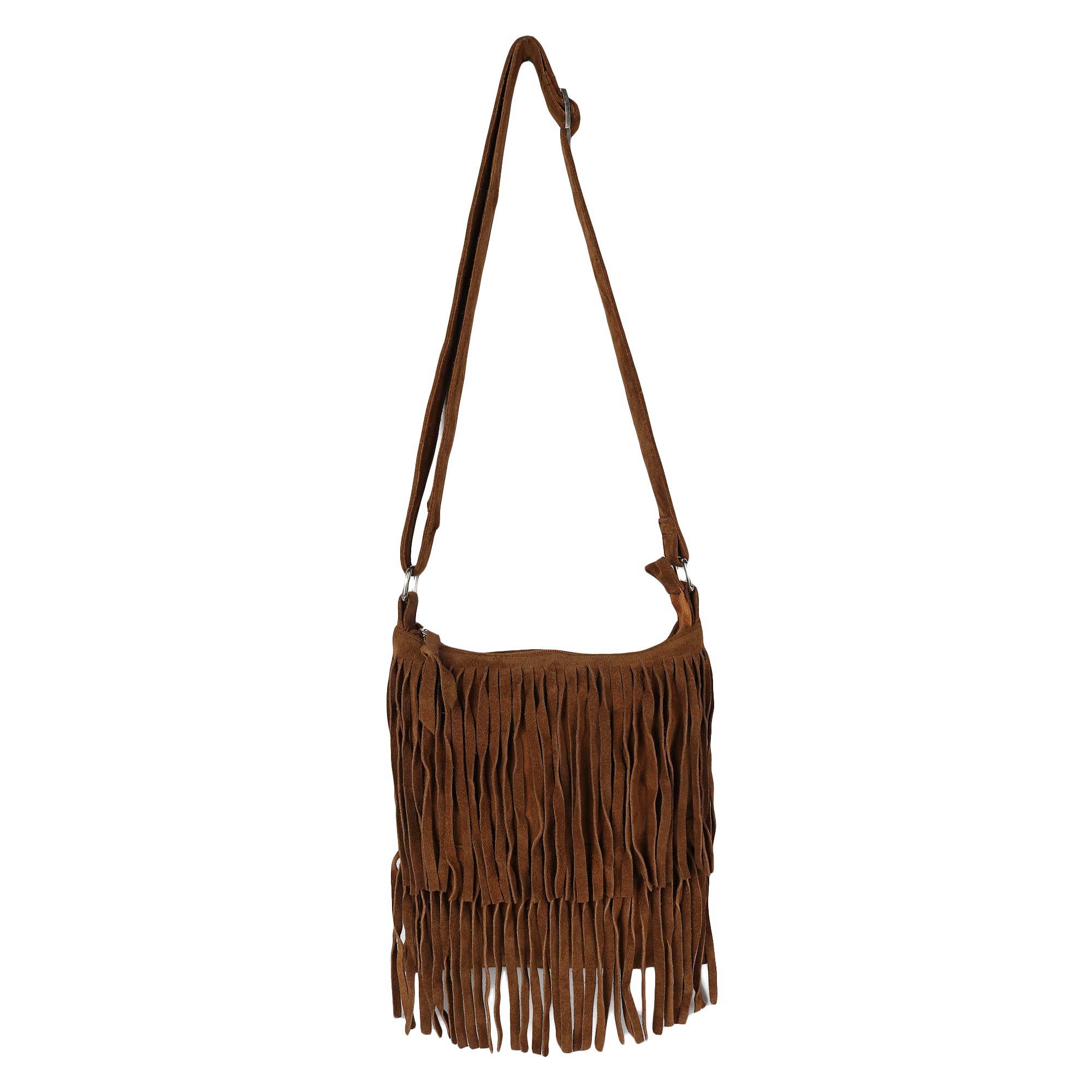 Antin Brown Genuine Suede Leather Fringed Sling Bag Shoulder Bag with 2 layer fringes in front side and adjustable shoulder strap. (B09MYBSQCD) Amazon Price History, Amazon Price Tracker