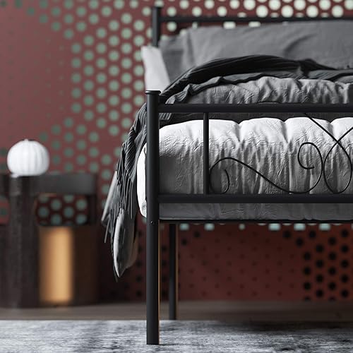 Miniatura 8 de Weehom Base de cama de tamaño individual con cabecero, plataforma negra, cama estándar de acero para niños y niñas, no necesita somier