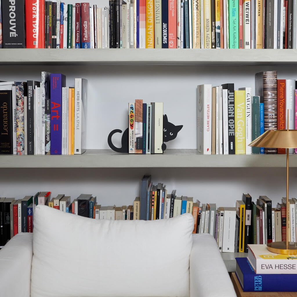 Balvi Hidden Cat Bookend – Black Metal Book Holder for Shelves – Decorative and Functional Book Organizer – Ideal for Home and Office – Unique Cat Design – Sujetalibros Gato Oculto