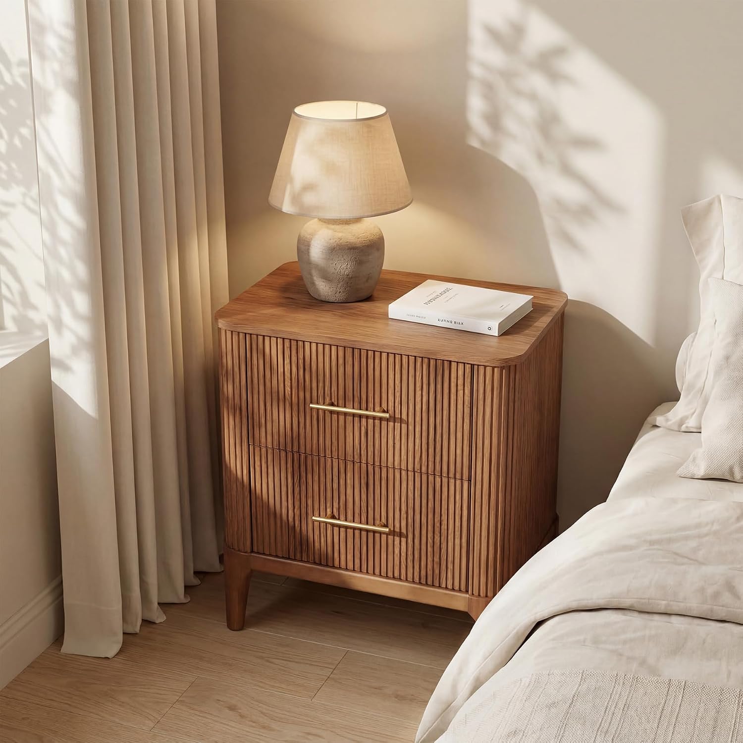 LITTLE TREE Modern End Tables, Bedside Table with Two Storage Drawers, Wooden Accent Nightstand for Living Room, Bedroom and Small Spaces, Walnut