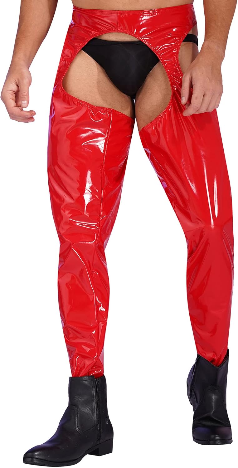 Sholeno Mens Sexy Cutout Crotchless Skinny Pants Wet Look PVC Leather Open Butt Leggings