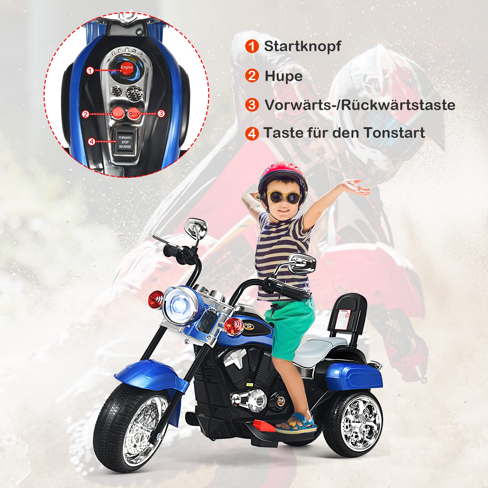 DREAMADE Elektro-Motorrad Kindermotorrad, 6V Elektromotorrad mit einstellbaren Scheinwerfern & Hupe & Pedalen, Elektrofahrzeug für Kinder ab 3 Jahren (Blau)