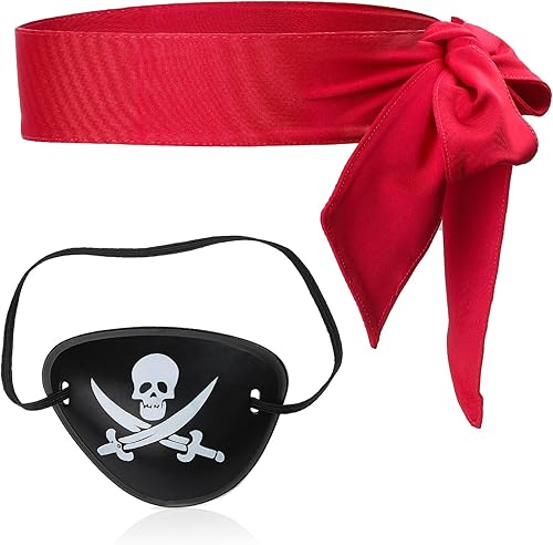 Miniatura 3 de Yewong Juego de 5 accesorios de disfraz de pirata para niños, camisa de pirata, bandana, parche de ojos, espadas inflables, loro para hombro,